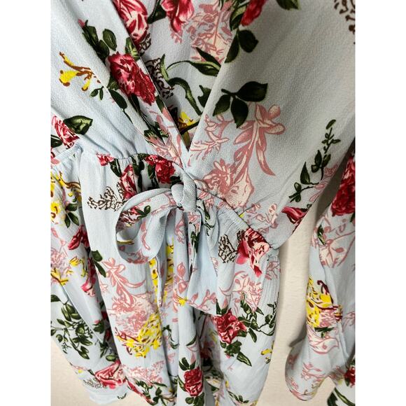 NWOT Amazon Blue Floral Long Sleeve Romper Bell Sleeve BOHO Fall MEDIUM - Picture 3 of 8